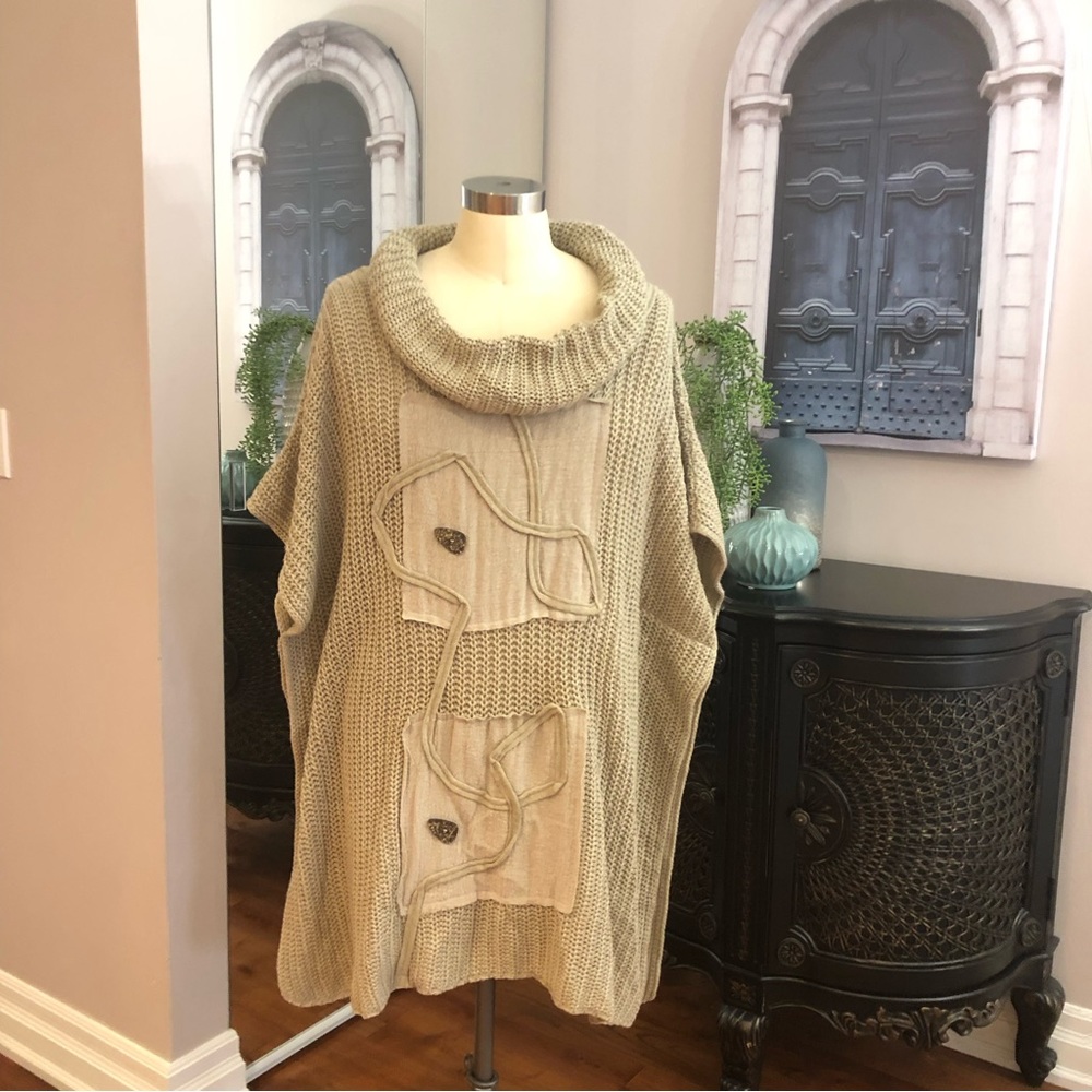 Zele cream oversized poncho,  high neck 100% cotton one size